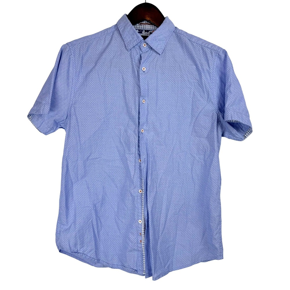 DENIM & FLOWER Slim Fit Short Sleeve Button Down Shirt Men Blue Dot Print - Picture 2 of 7